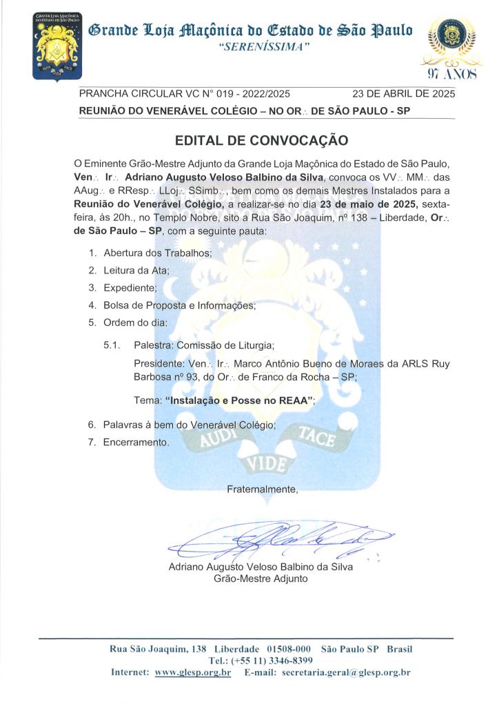 Edital e Convocação Venerável Colégio 23/05/25